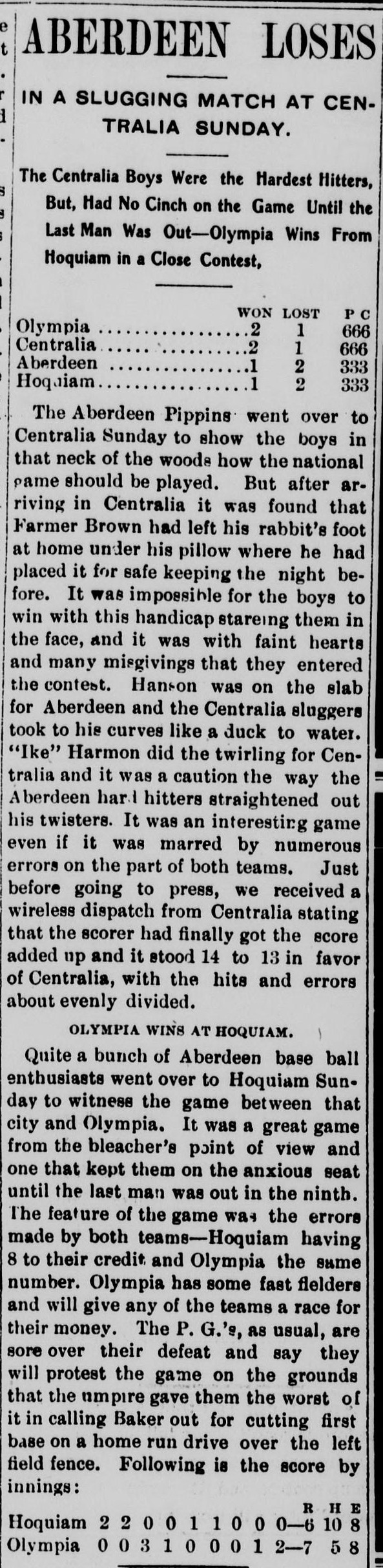 Newspaper column headed Aberdeen Loses in a Slugging Match at Centralia Sunday, with a four-team standings table for Olympia, Centralia, Aberdeen and Hoquiam, a story blaming the loss on Farmer Brown leaving his rabbit's foot at home under his pillow, describing Centralia sluggers taking to Hanson's curves like a duck to water, and reporting that a wireless dispatch received just before press time said the scorer had finally got the score added up at 14 to 13 for Centralia, followed by a subhead Olympia Wins at Hoquiam with an account of an errorful game and a protest over Baker being called out for cutting first base, closing with the score by innings.