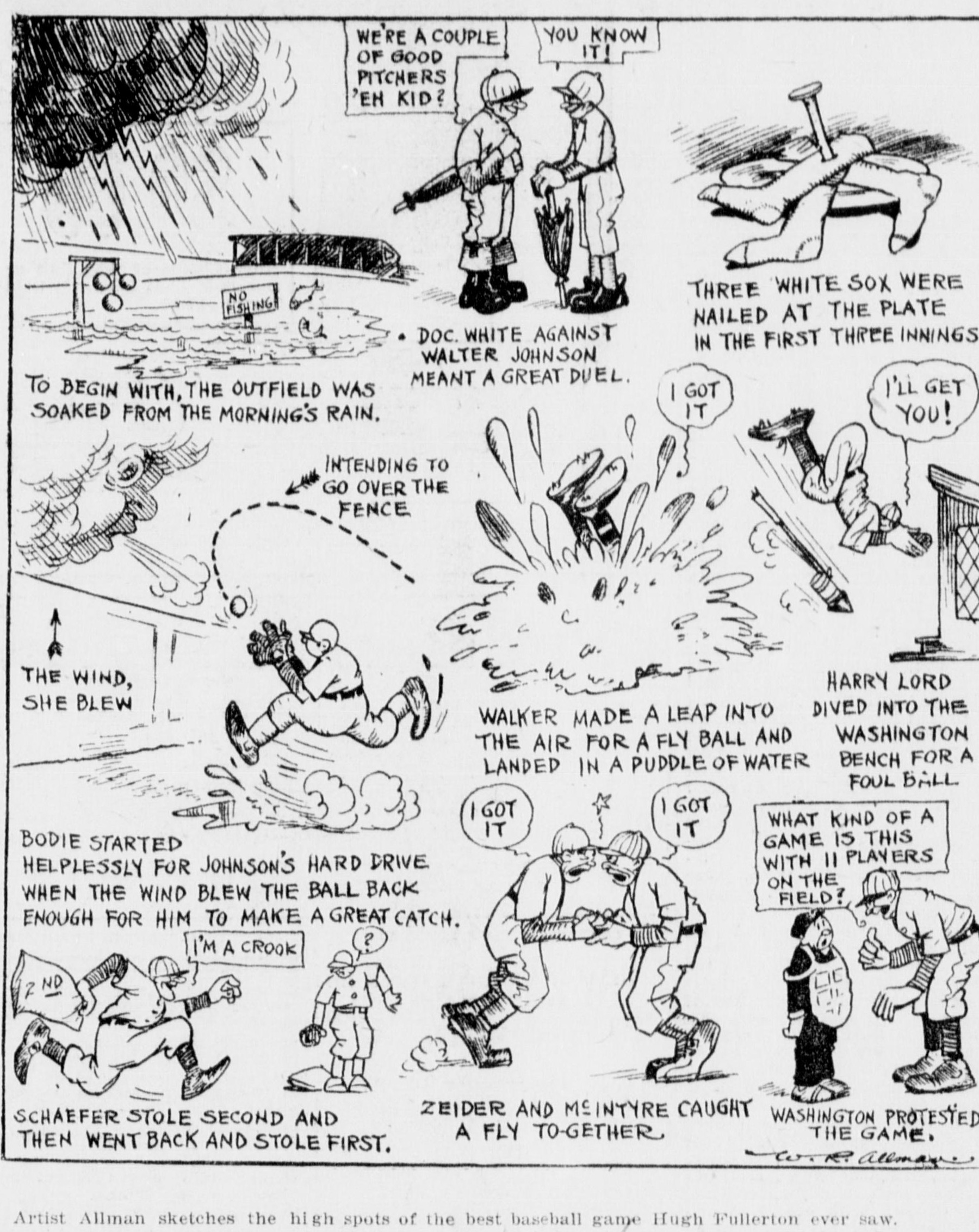 Multi-panel newspaper cartoon by W. R. Allman showing highlights of a chaotic 1911 game: a flooded outfield, a fielder landing in a puddle, Harry Lord diving into the bench, Schaefer stealing first from second and Washington protesting the game.