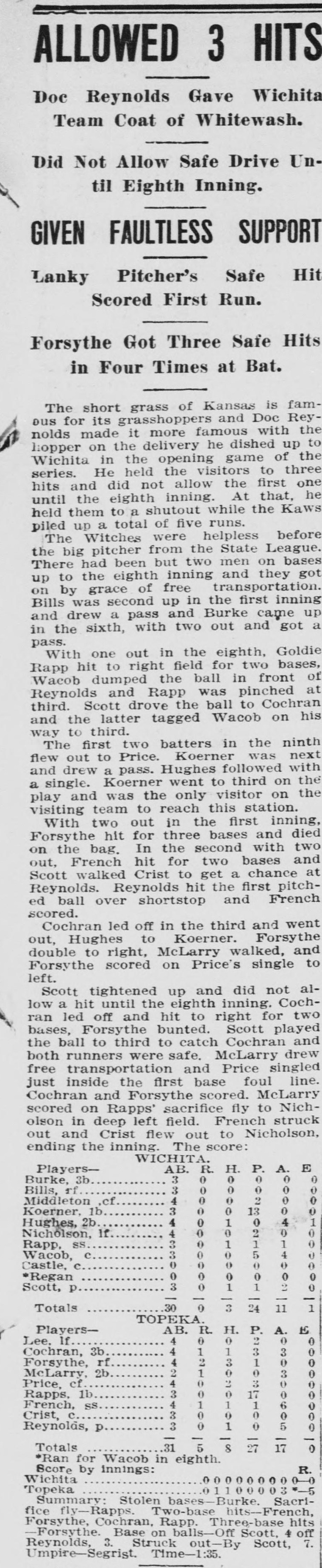 Game story headed Allowed 3 Hits, with subheads Doc Reynolds Gave Wichita Team Coat of Whitewash, Did Not Allow Safe Drive Until Eighth Inning, Given Faultless Support, Lanky Pitcher's Safe Hit Scored First Run, and Forsythe Got Three Safe Hits in Four Times at Bat. The story says the short grass of Kansas is famous for its grasshoppers and Doc Reynolds made it more famous with the hopper on the delivery he dished up to Wichita, holding the visitors to three hits while the Kaws piled up five runs. Full Wichita and Topeka box scores follow, ending Umpire Segrist, time 1:35.