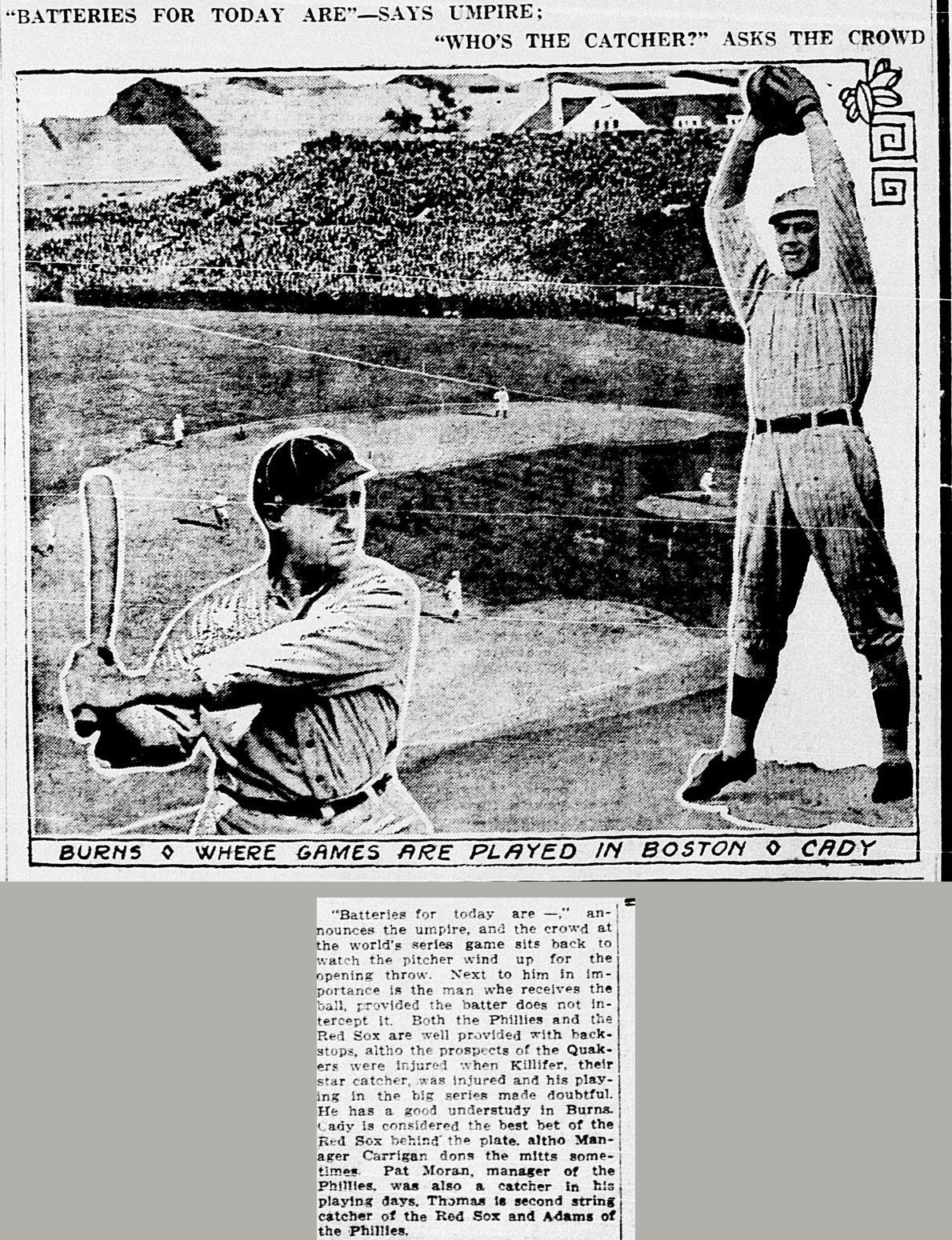 Photo feature with two headlines, Batteries For Today Are Says Umpire and Who's the Catcher Asks the Crowd, showing catchers Burns and Cady posed over a packed Boston ballpark, with a paragraph on the world's series catchers.