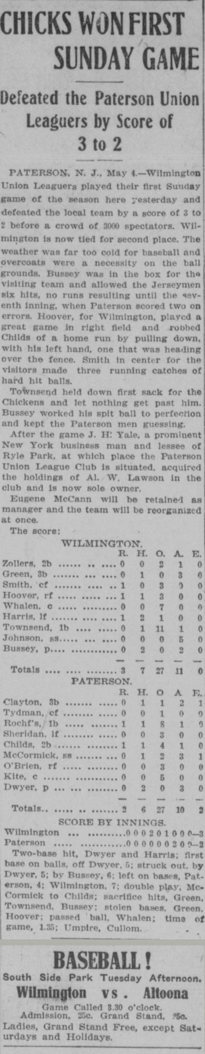 Story headed Chicks Won First Sunday Game, Defeated the Paterson Union Leaguers by Score of 3 to 2, reporting Wilmington's first Sunday game of the season before 3000 spectators in weather far too cold for baseball, with full box scores of both teams, and below it a boxed advertisement reading Baseball, South Side Park Tuesday Afternoon, Wilmington vs Altoona, Game Called 3.30 o'clock, Admission 25c, Grand Stand 25c, Ladies Grand Stand Free except Saturdays and Holidays.