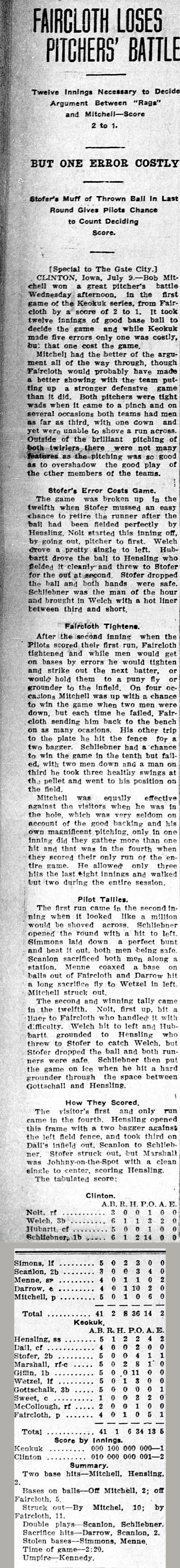 Full-column game story headlined Faircloth Loses Pitchers' Battle, recounting a twelve-inning 2 to 1 game between Clinton and Keokuk, with the complete box score.