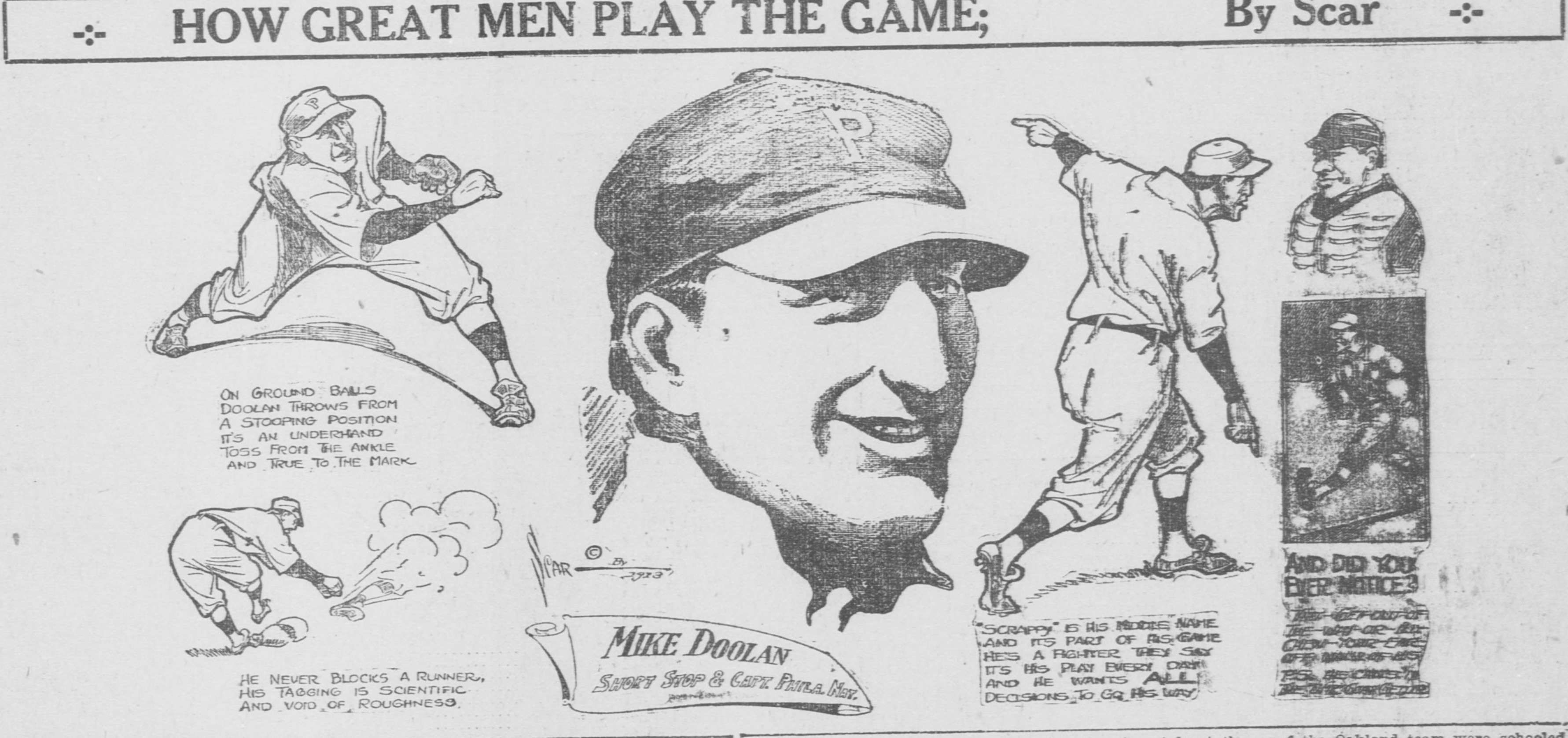 Cartoon panel headed How Great Men Play the Game, By Scar, showing Mike Doolan, shortstop and captain of the Philadelphia Nationals, throwing underhand from a stooping position on a ground ball, tagging a runner without roughness, and pointing emphatically at an umpire, with an inset of a sliding play whose caption has nearly worn away.