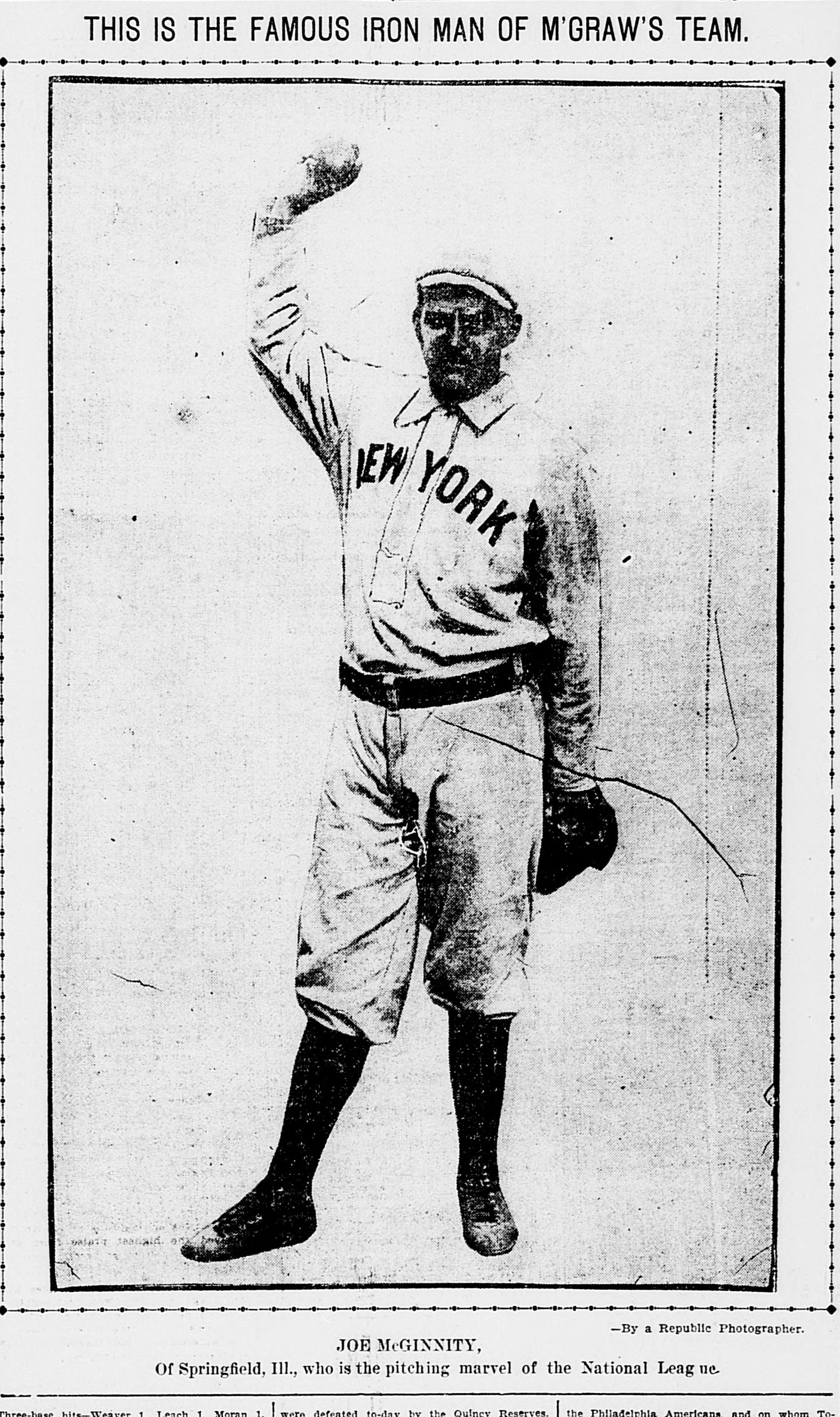 Full-page newspaper photograph of pitcher Joe McGinnity in a New York uniform waving his right arm overhead, headlined This Is the Famous Iron Man of McGraw's Team, credited to a Republic photographer.