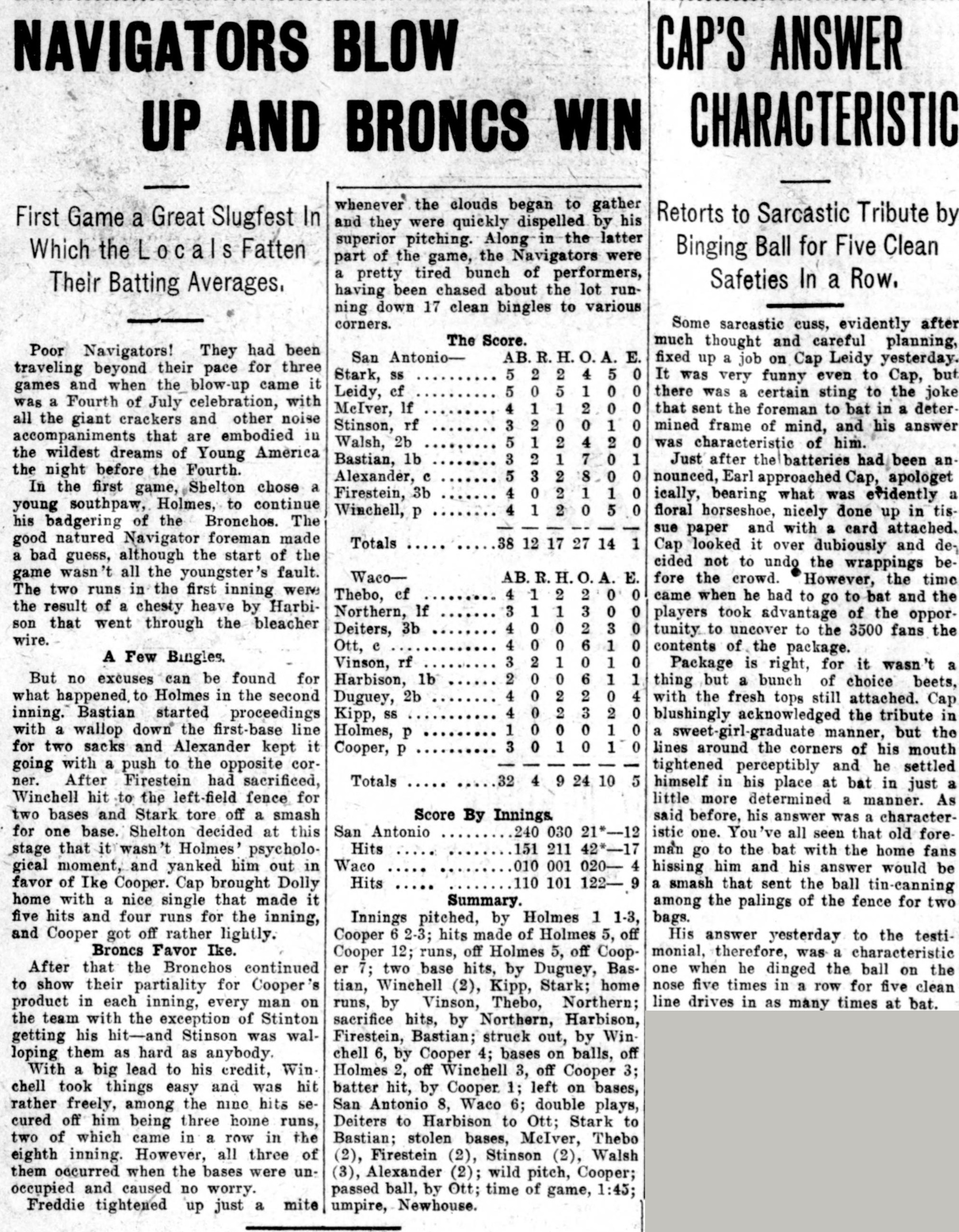 Two side-by-side stories from 1909: Navigators Blow Up and Broncs Win, a 12 to 4 slugfest account with box score in which the locals fatten their batting averages, and Cap's Answer Characteristic, in which Cap Leidy is presented a joke floral horseshoe made of beets and answers with five clean line drives in five times at bat.