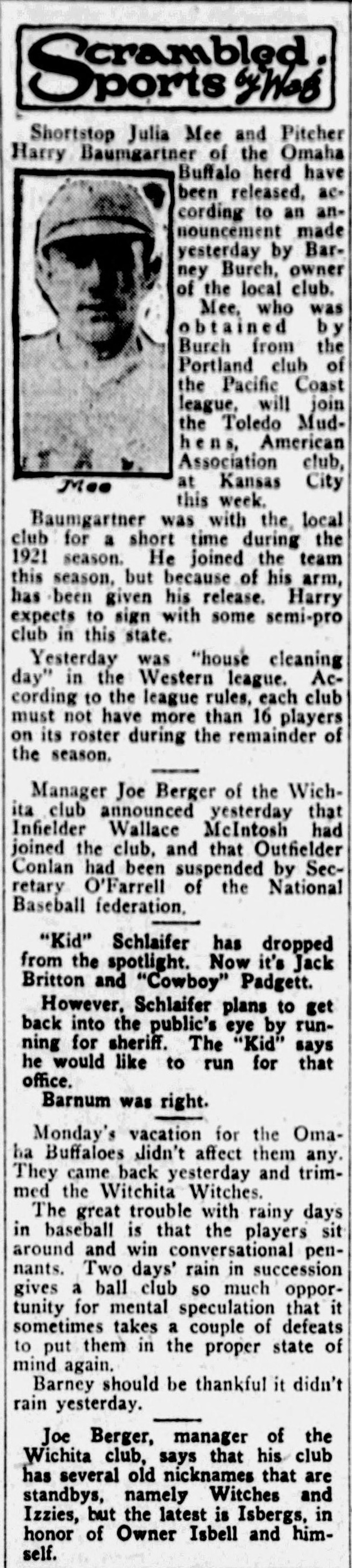 Sports column with a hand-lettered heading reading Scrambled Sports by Wag, with a small photo of a ballplayer captioned Mee. Items report that shortstop Julia Mee and pitcher Harry Baumgartner of the Omaha Buffalo herd have been released, that yesterday was house cleaning day in the Western league with a 16 player roster limit, notes on the Wichita club, boxing gossip, the observation that rainy days let players sit around and win conversational pennants, and a closing item saying the Wichita club's nicknames are Witches and Izzies but the latest is Isbergs in honor of Owner Isbell.