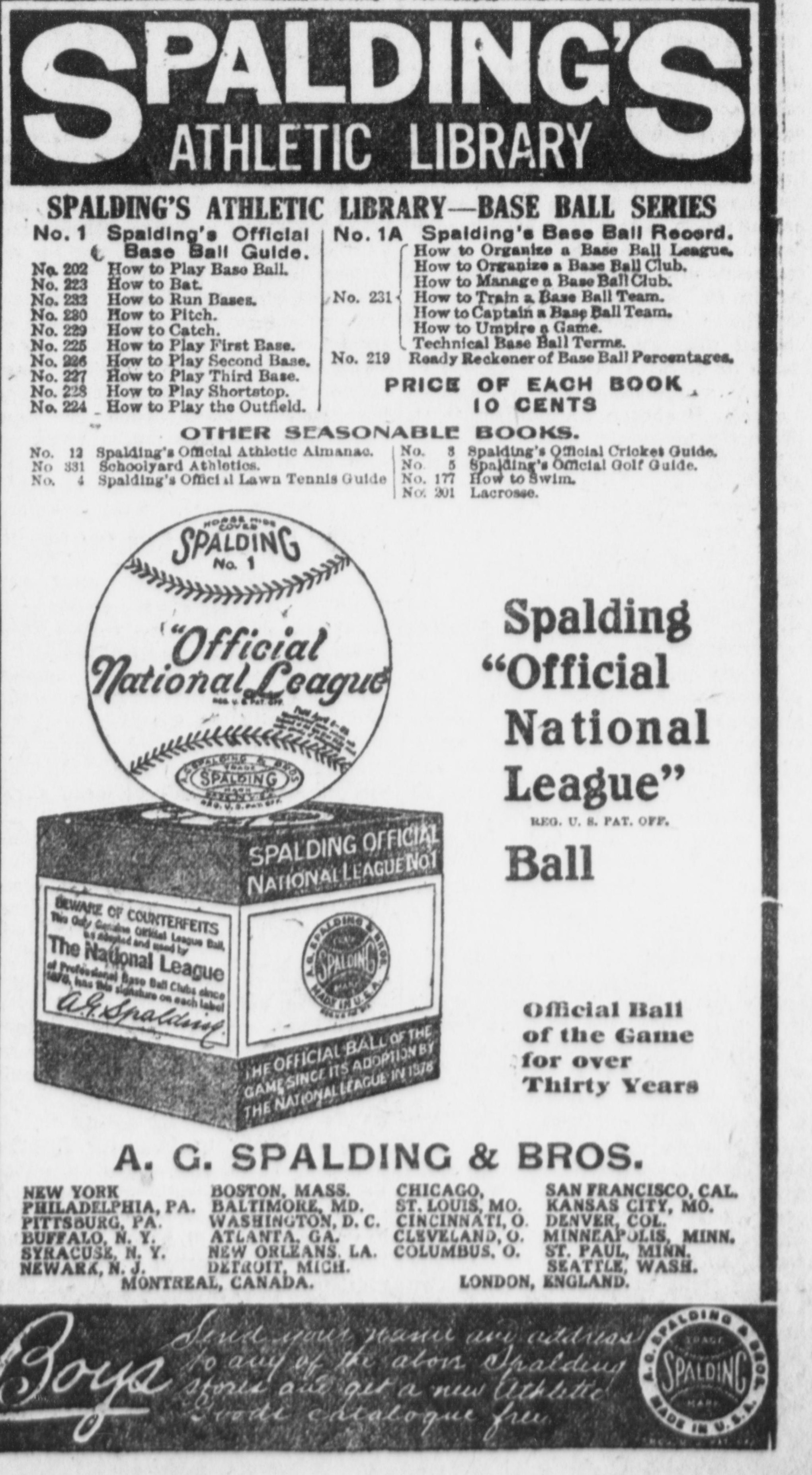 Large advertisement for Spalding's Athletic Library, Base Ball Series, listing ten-cent instruction books: Spalding's Official Base Ball Guide, How to Play Base Ball, How to Bat, How to Run Bases, How to Pitch, How to Catch, How to Play First Base and every other position, How to Organize a Base Ball League, How to Umpire a Game, Technical Base Ball Terms and a Ready Reckoner of Base Ball Percentages. Below, a large Spalding Official National League ball on its box, called the Official Ball of the Game for over Thirty Years, with the A. G. Spalding and Bros. store list and a dark script banner reading Boys, send your name and address to any of the above Spalding stores and get a new Athletic Goods catalogue free.