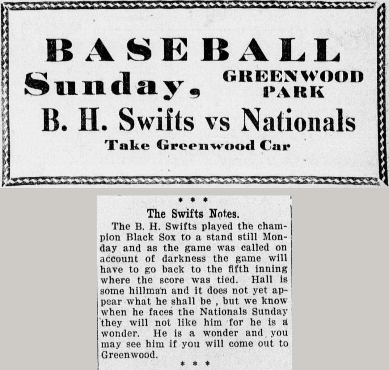 Boxed advertisement reading Baseball Sunday, Greenwood Park, B. H. Swifts vs Nationals, Take Greenwood Car, stitched above a column item headed The Swifts Notes reporting the Swifts played the champion Black Sox to a stand still and praising a pitcher named Hall as a wonder.